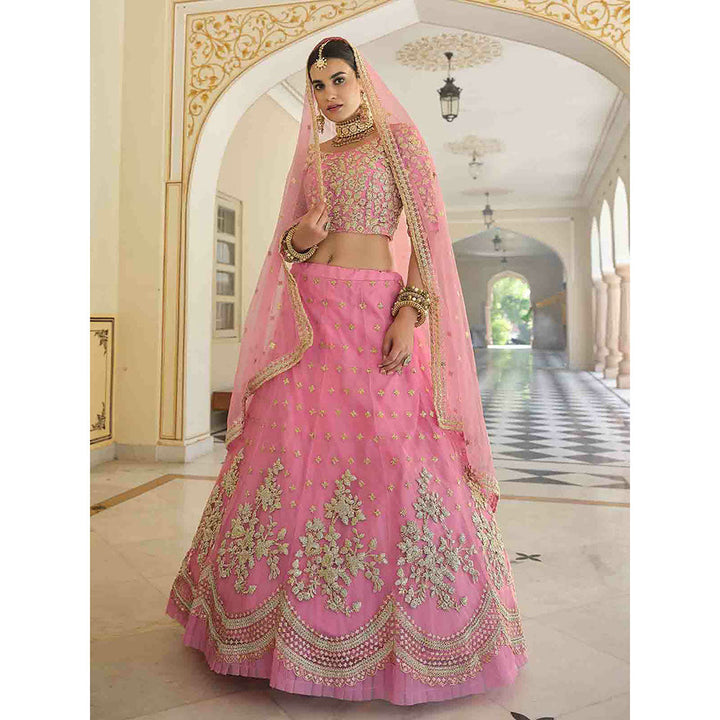 Odette Designer Pink Semi Stitched Lehenga with Unstitched Blouse (Set of 3)