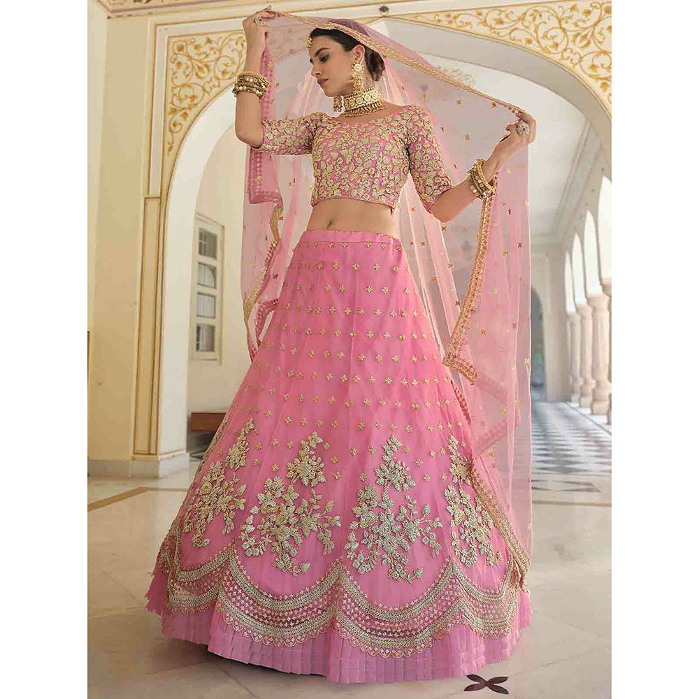 Odette Designer Pink Semi Stitched Lehenga with Unstitched Blouse (Set of 3)