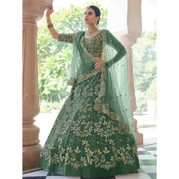 Odette Stylish Dark Green Soft Net Semi Stitched Lehenga with Unstitched Blouse (Set of 3)