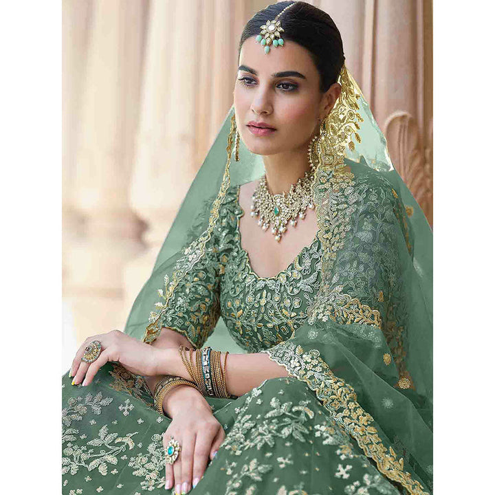 Odette Stylish Dark Green Soft Net Semi Stitched Lehenga with Unstitched Blouse (Set of 3)