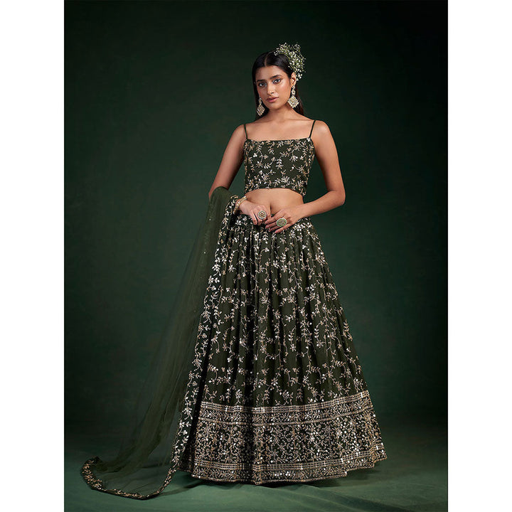 Odette Dark Green Embroidered Bridal Semi Stitched Lehenga with Unstitched Blouse (Set of 3)