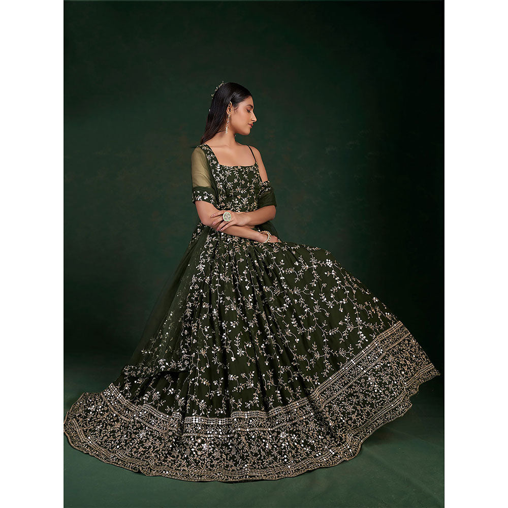 Odette Dark Green Embroidered Bridal Semi Stitched Lehenga with Unstitched Blouse (Set of 3)