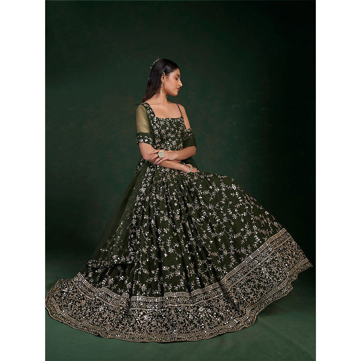 Odette Dark Green Embroidered Bridal Semi Stitched Lehenga with Unstitched Blouse (Set of 3)