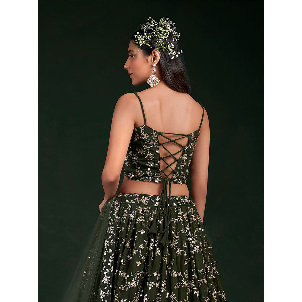 Odette Dark Green Embroidered Bridal Semi Stitched Lehenga with Unstitched Blouse (Set of 3)