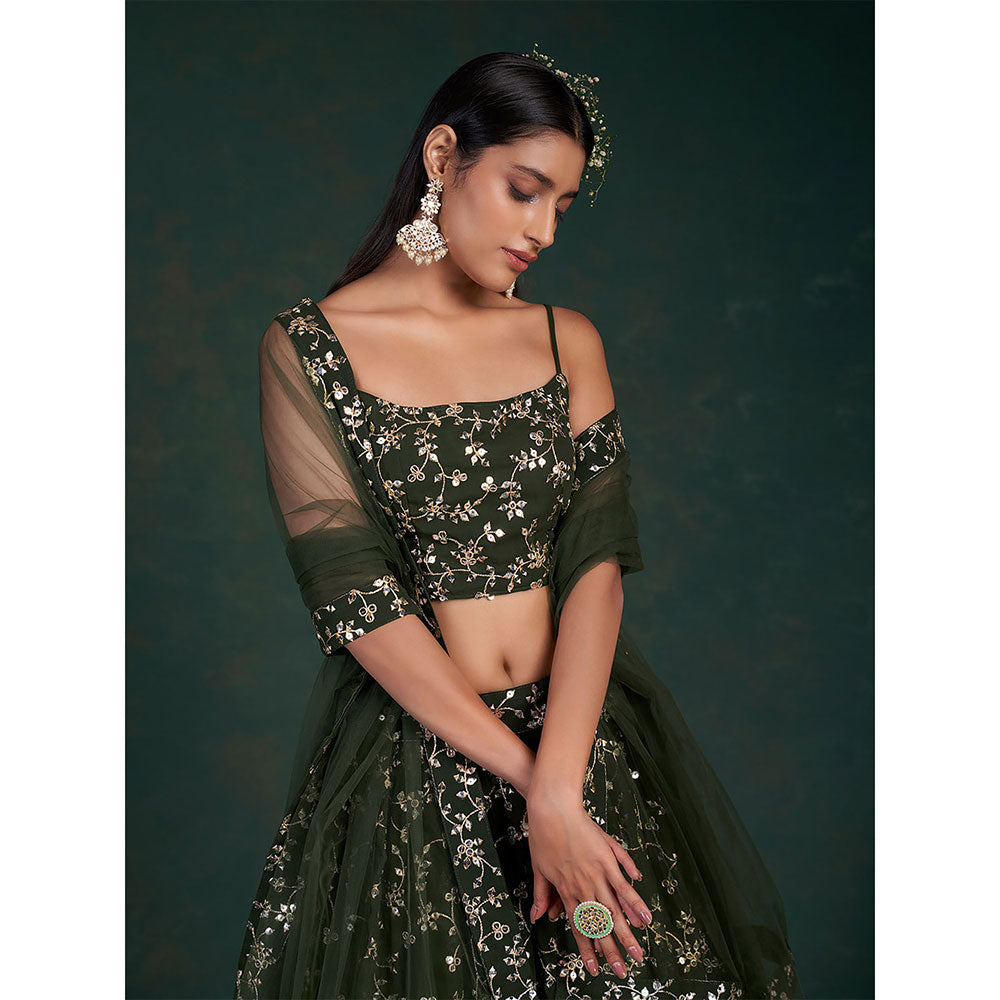 Odette Dark Green Embroidered Bridal Semi Stitched Lehenga with Unstitched Blouse (Set of 3)