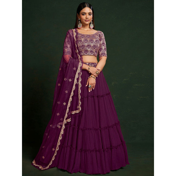 Odette Wine Faux Georgette Embroidered Semi Stitched Lehenga Choli (Set of 3)