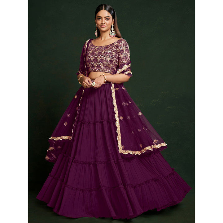 Odette Wine Faux Georgette Embroidered Semi Stitched Lehenga Choli (Set of 3)