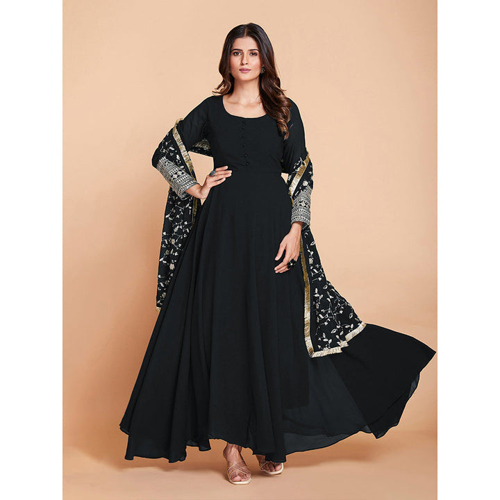 Odette Black Faux Georgette Solid Stitched Kurta with Trouser & Dupatta (Set of 3)