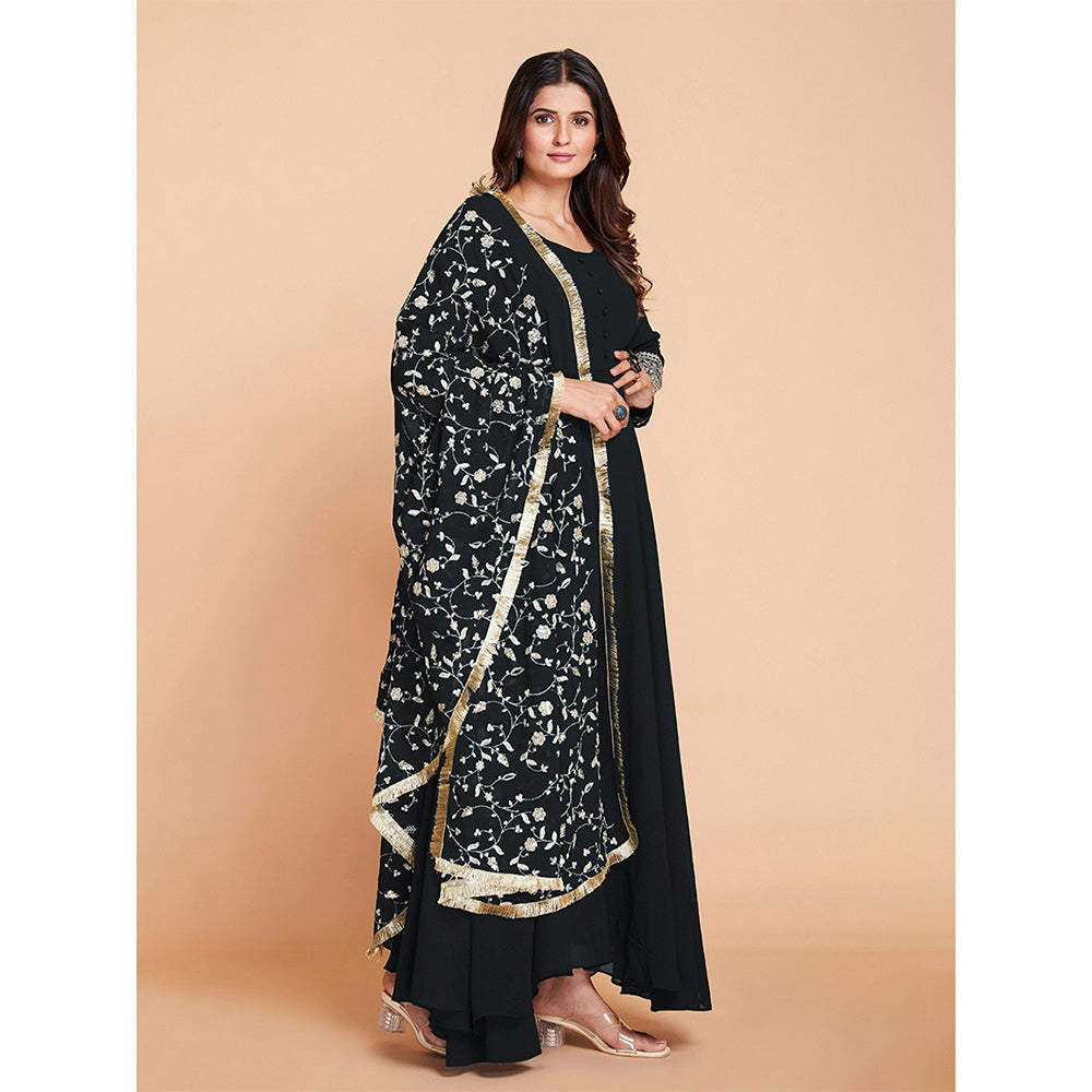 Odette Black Faux Georgette Solid Stitched Kurta with Trouser & Dupatta (Set of 3)