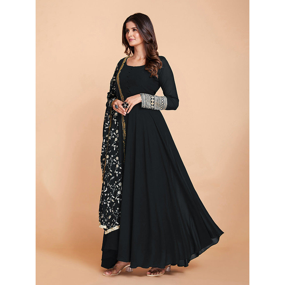 Odette Black Faux Georgette Solid Stitched Kurta with Trouser & Dupatta (Set of 3)