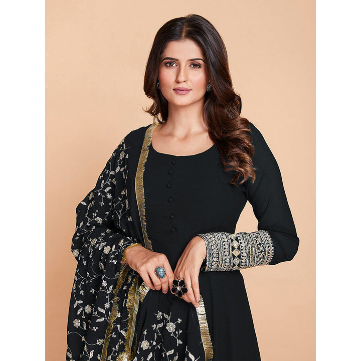 Odette Black Faux Georgette Solid Stitched Kurta with Trouser & Dupatta (Set of 3)