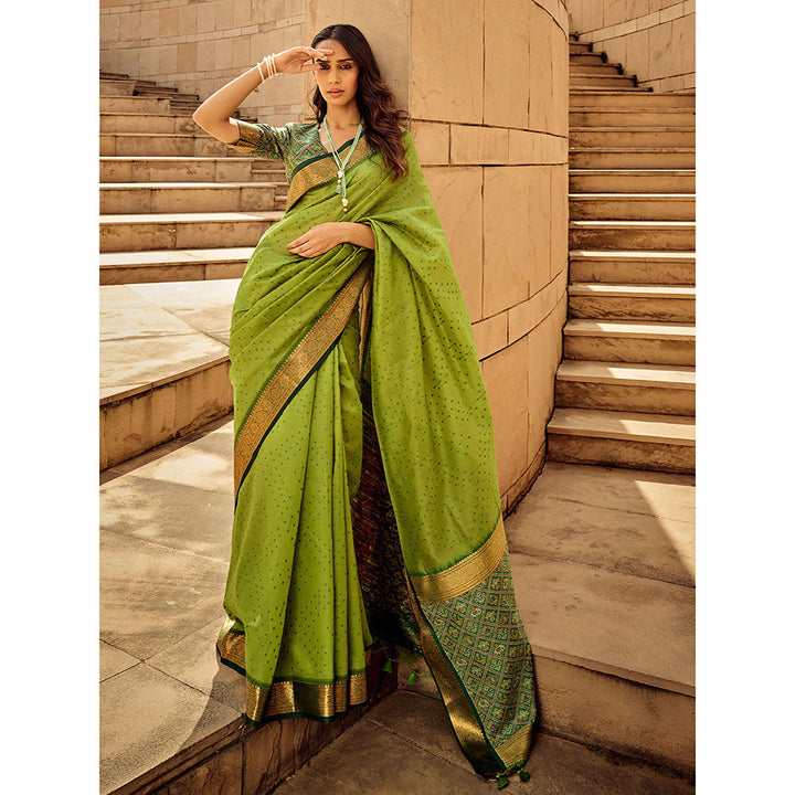 Odette Green Silk Printed Saree with Unstitched Blouse