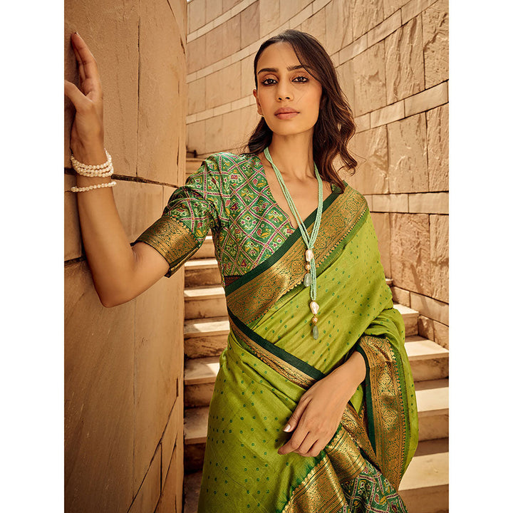 Odette Green Silk Printed Saree with Unstitched Blouse