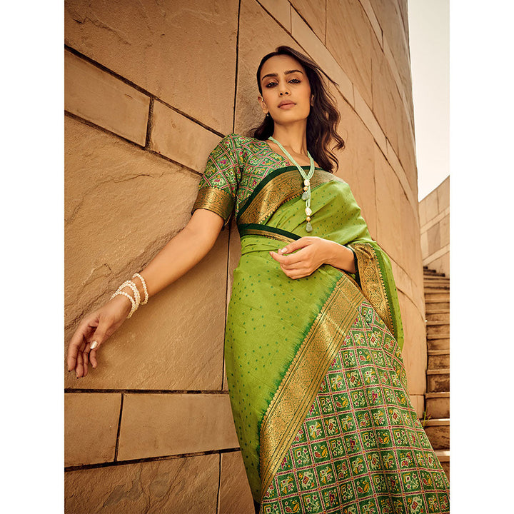 Odette Green Silk Printed Saree with Unstitched Blouse