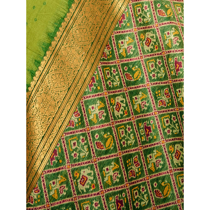 Odette Green Silk Printed Saree with Unstitched Blouse