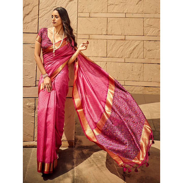 Odette Pink Silk Printed Saree with Unstitched Blouse