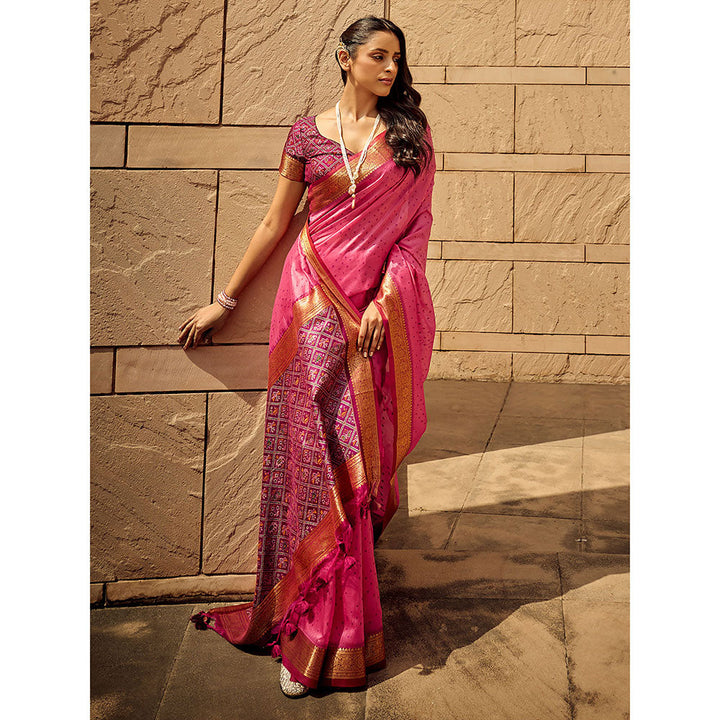 Odette Pink Silk Printed Saree with Unstitched Blouse