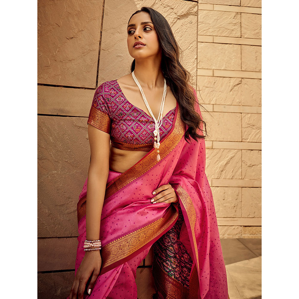 Odette Pink Silk Printed Saree with Unstitched Blouse