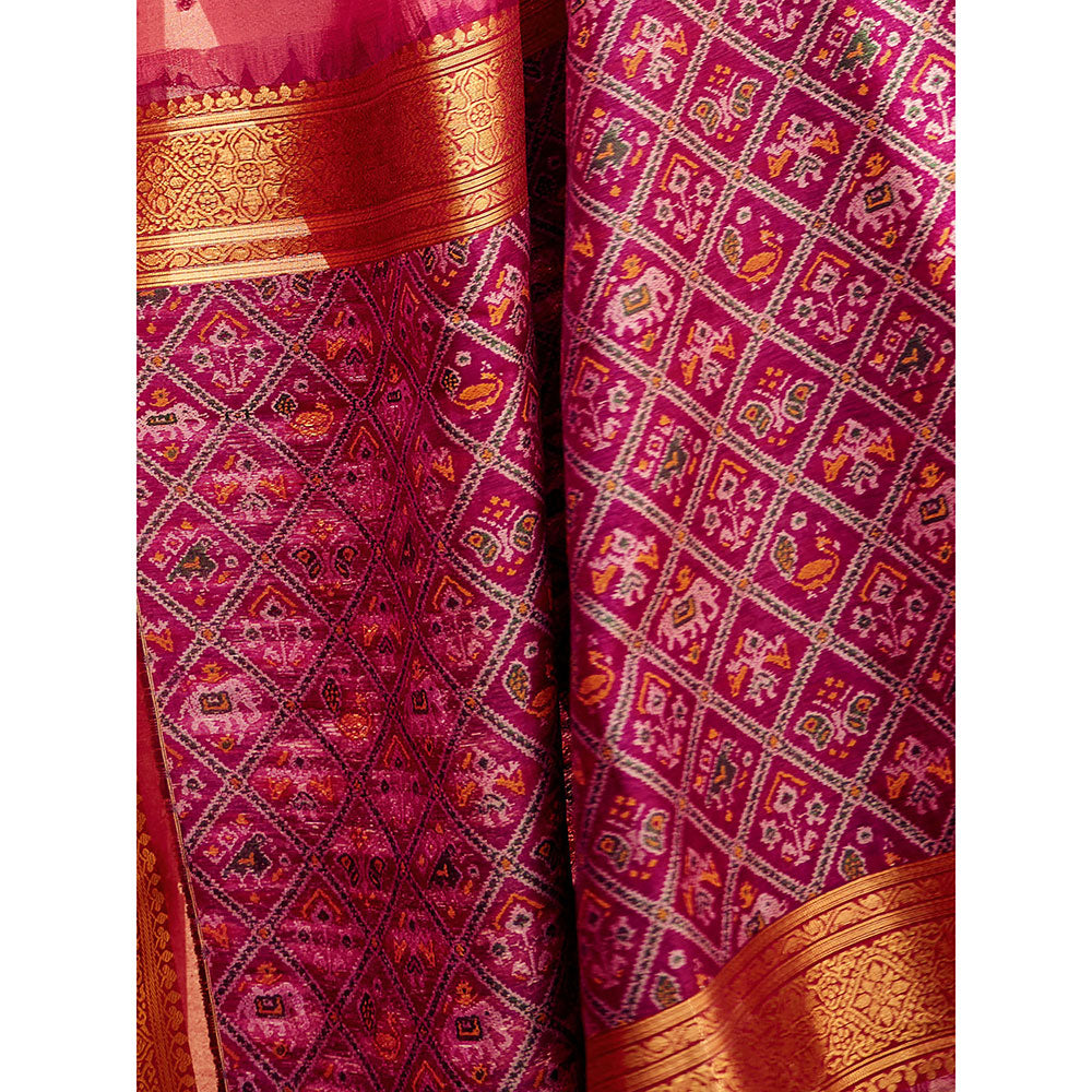 Odette Pink Silk Printed Saree with Unstitched Blouse