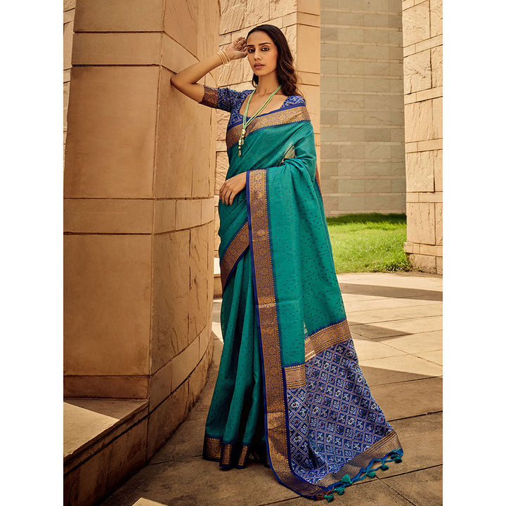 Odette Blue Silk Printed Saree with Unstitched Blouse