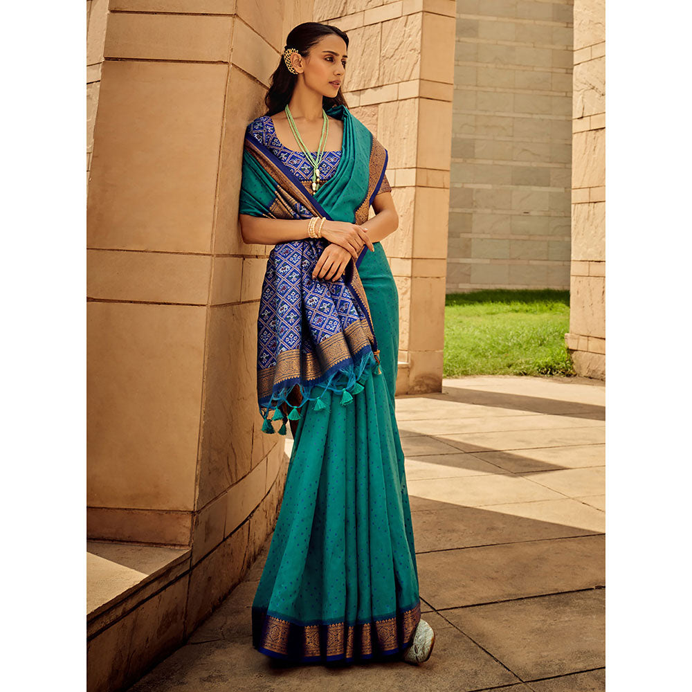 Odette Blue Silk Printed Saree with Unstitched Blouse