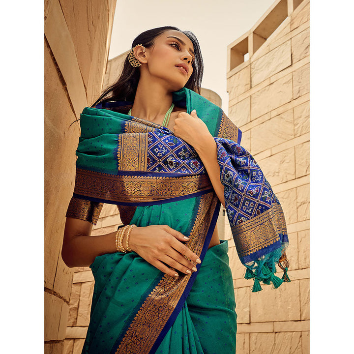 Odette Blue Silk Printed Saree with Unstitched Blouse