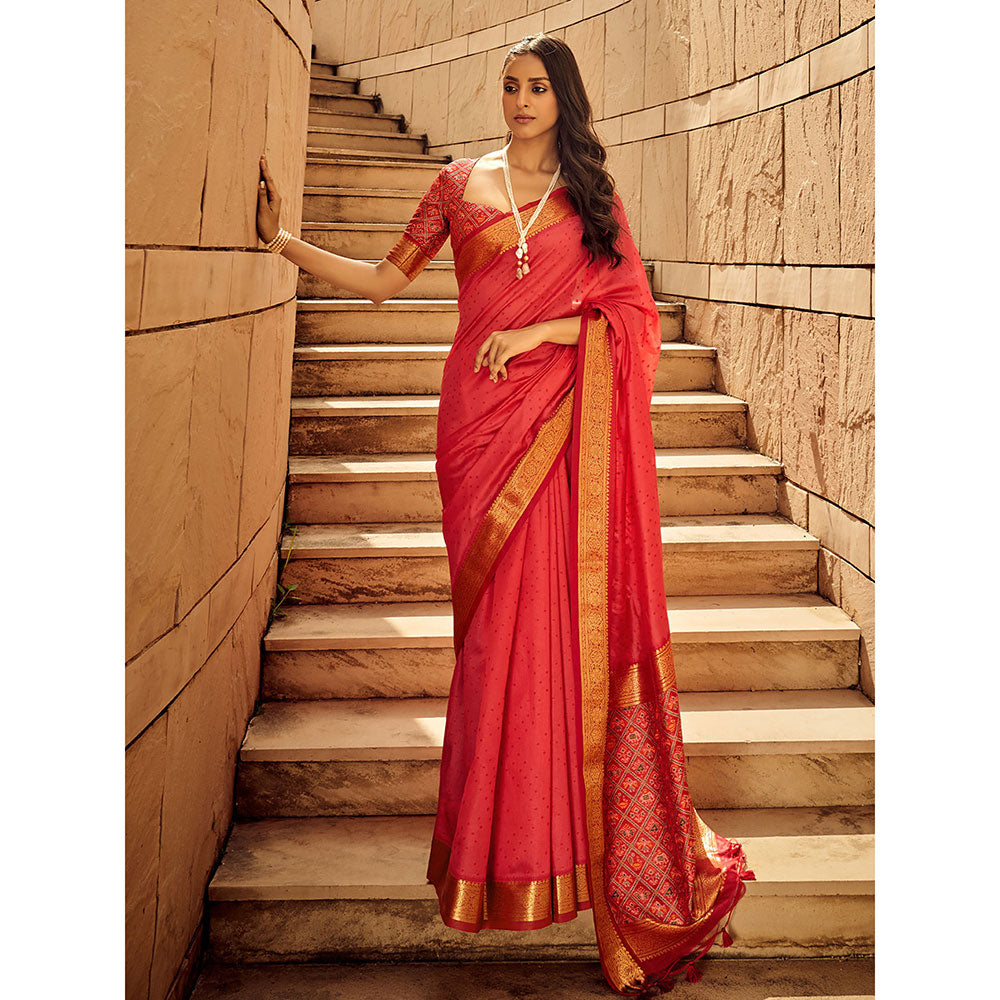 Odette Peach Silk Printed Saree with Unstitched Blouse