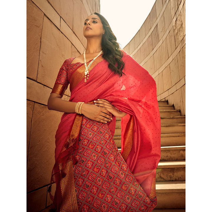 Odette Peach Silk Printed Saree with Unstitched Blouse