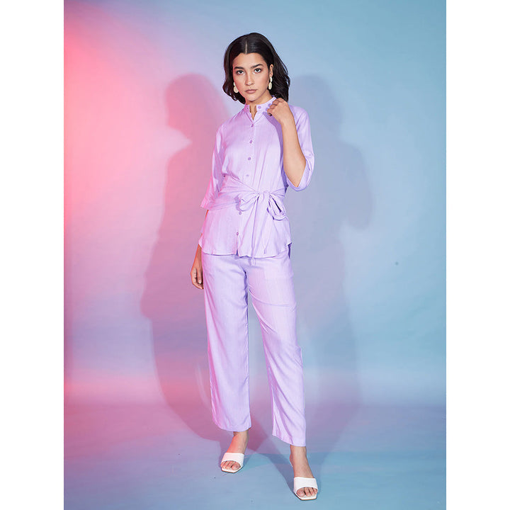 Odette Lavender Viscose Rayon Stripes Shirt with Pant & Belt Co-Ord (Set of 3)