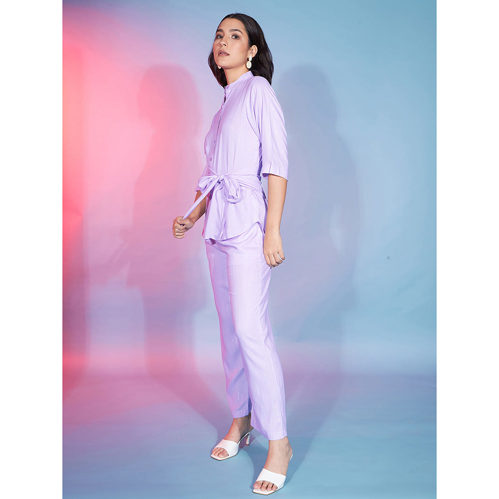 Odette Lavender Viscose Rayon Stripes Shirt with Pant & Belt Co-Ord (Set of 3)