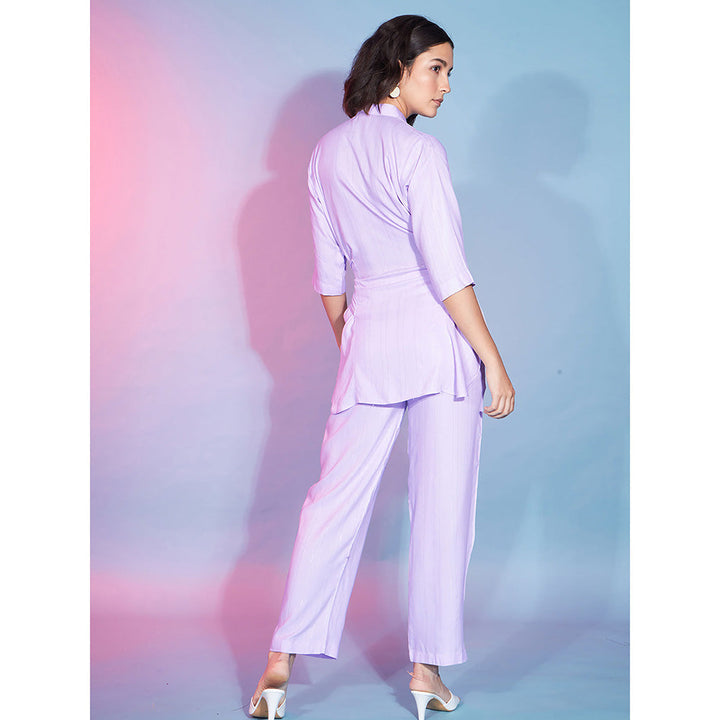 Odette Lavender Viscose Rayon Stripes Shirt with Pant & Belt Co-Ord (Set of 3)