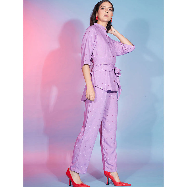 Odette Mauve Viscose Rayon Printed Shirt with Pant & Belt Co-Ord (Set of 3)