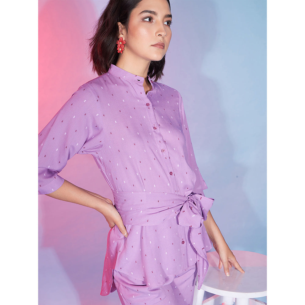 Odette Mauve Viscose Rayon Printed Shirt with Pant & Belt Co-Ord (Set of 3)