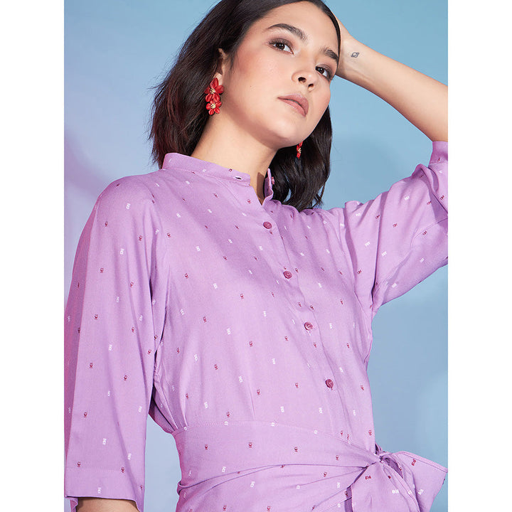 Odette Mauve Viscose Rayon Printed Shirt with Pant & Belt Co-Ord (Set of 3)