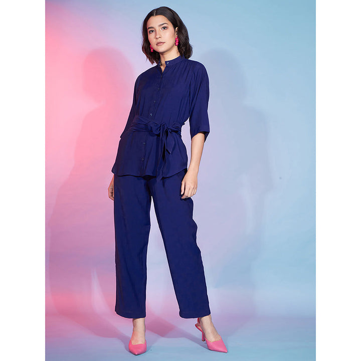 Odette Navy Blue Viscose Rayon Solid Shirt with Pant & Belt Co-Ord (Set of 3)