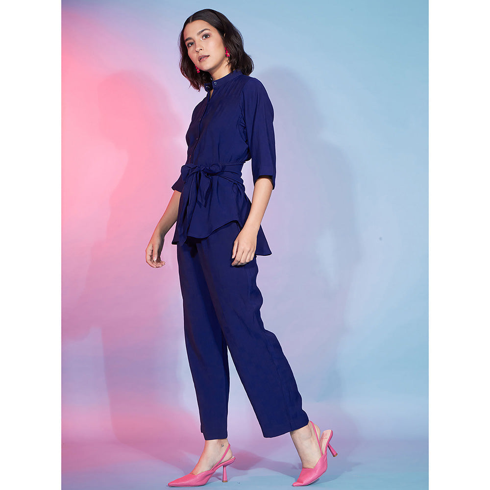 Odette Navy Blue Viscose Rayon Solid Shirt with Pant & Belt Co-Ord (Set of 3)