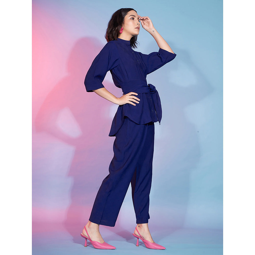 Odette Navy Blue Viscose Rayon Solid Shirt with Pant & Belt Co-Ord (Set of 3)