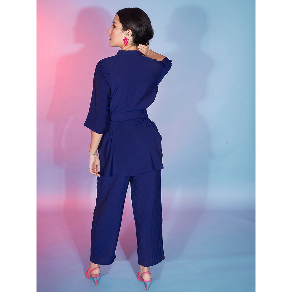 Odette Navy Blue Viscose Rayon Solid Shirt with Pant & Belt Co-Ord (Set of 3)