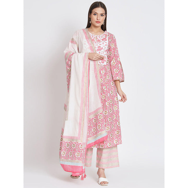 Odette Pink Cotton Floral Printed Stitched Kurta with Pant & Dupatta (Set of 3)