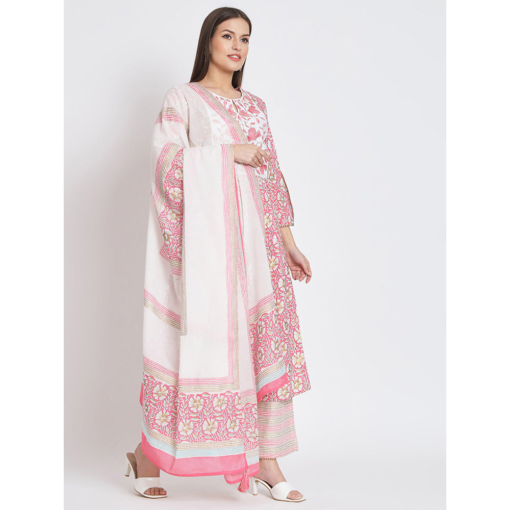 Odette Pink Cotton Floral Printed Stitched Kurta with Pant & Dupatta (Set of 3)