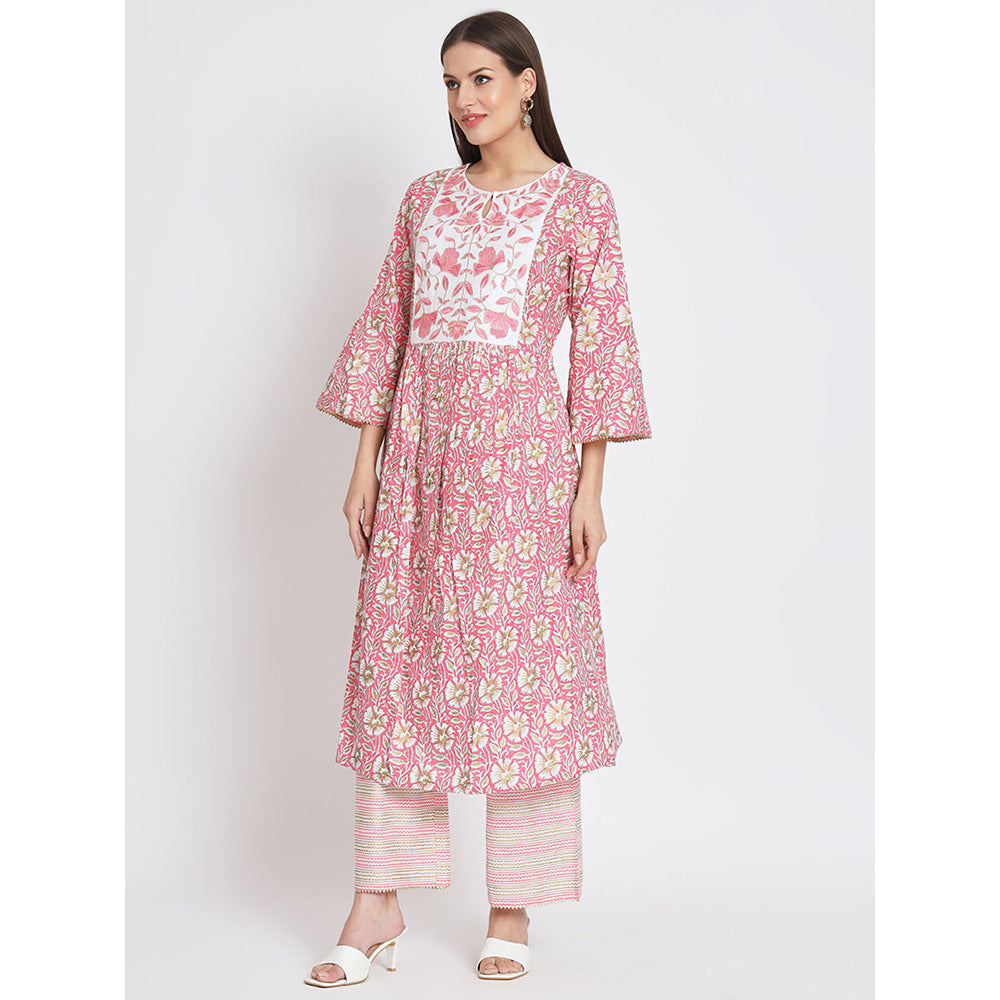 Odette Pink Cotton Floral Printed Stitched Kurta with Pant & Dupatta (Set of 3)