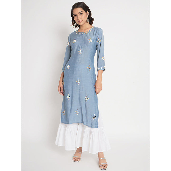 Odette Blue Viscose Embroidered Stitched Kurta with Palazzos (Set of 2)