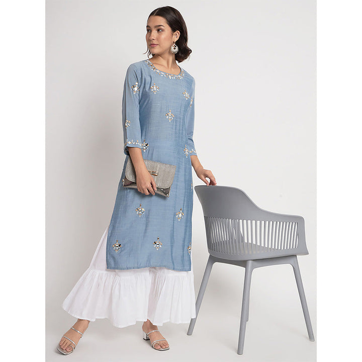 Odette Blue Viscose Embroidered Stitched Kurta with Palazzos (Set of 2)