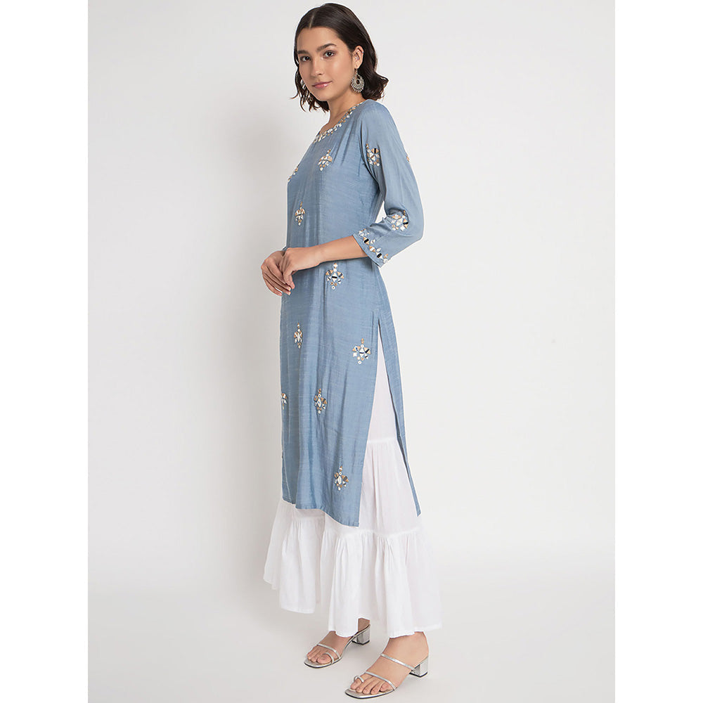 Odette Blue Viscose Embroidered Stitched Kurta with Palazzos (Set of 2)