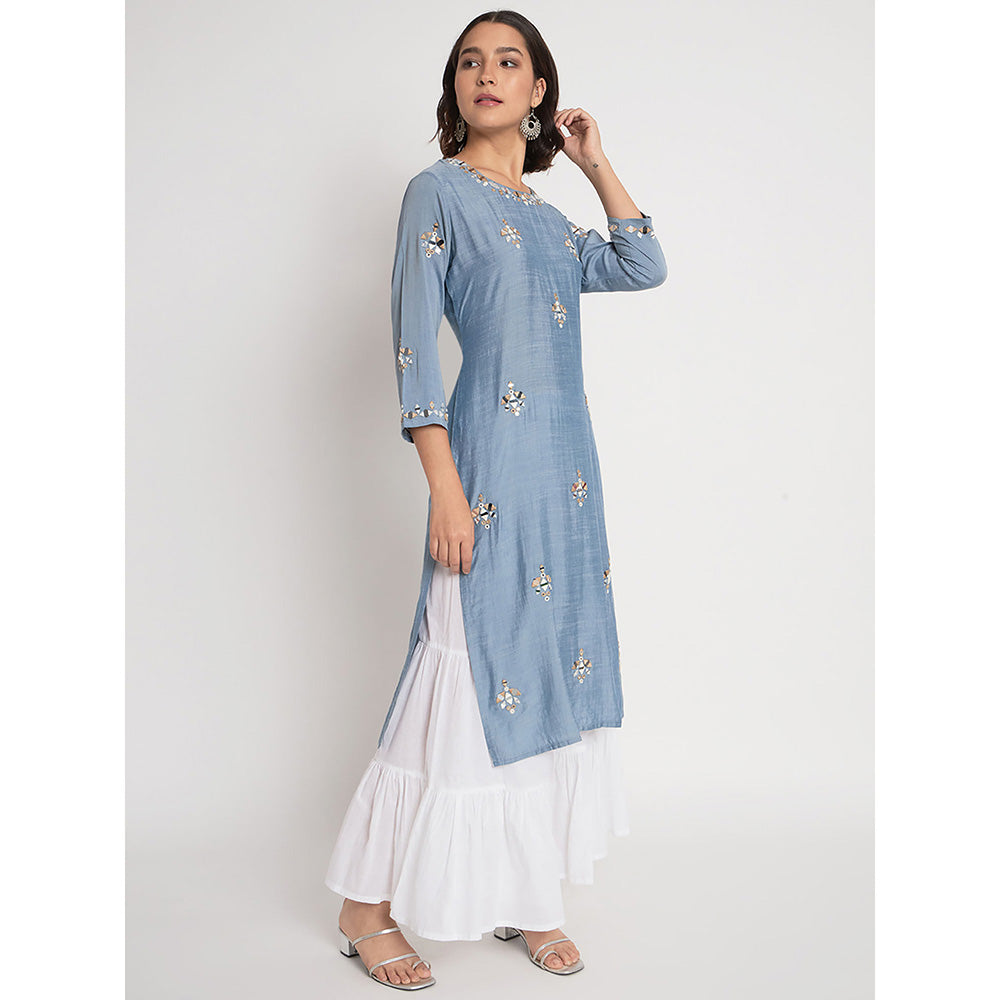 Odette Blue Viscose Embroidered Stitched Kurta with Palazzos (Set of 2)