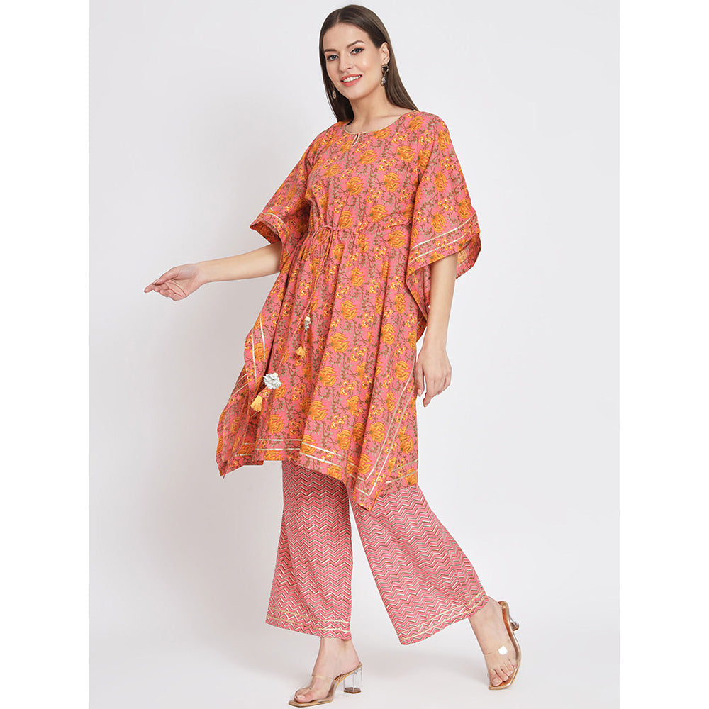 Odette Pink Cotton Floral Print Stitched Kaftan Kurta with Pant (Set of 2)