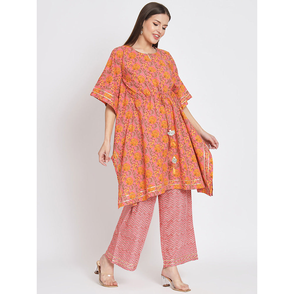 Odette Pink Cotton Floral Print Stitched Kaftan Kurta with Pant (Set of 2)