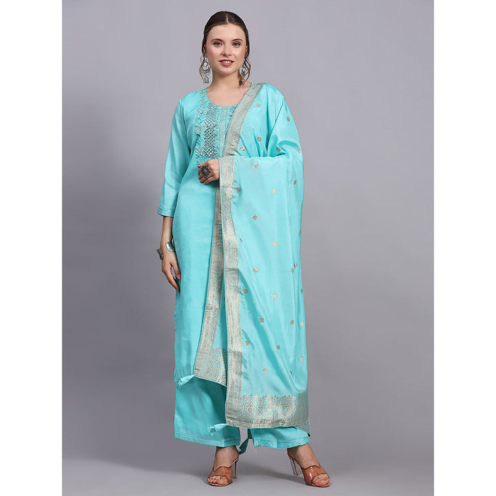 Odette Turquoise Viscose Embroidered Stitched Kurta with Palazzos & Dupatta (Set of 3)