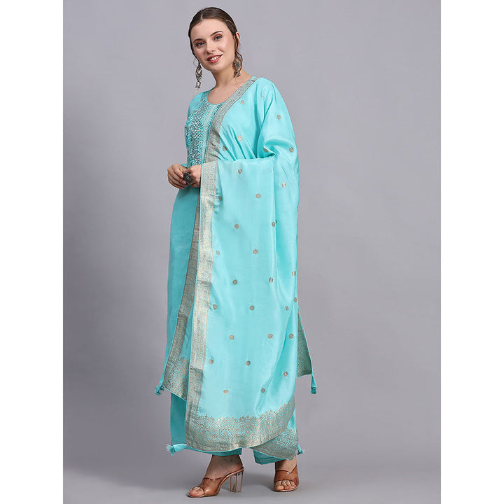 Odette Turquoise Viscose Embroidered Stitched Kurta with Palazzos & Dupatta (Set of 3)