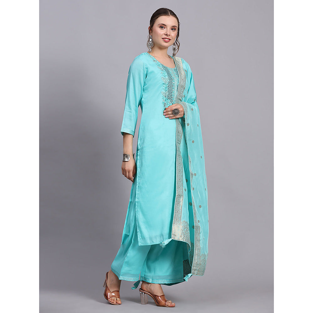 Odette Turquoise Viscose Embroidered Stitched Kurta with Palazzos & Dupatta (Set of 3)